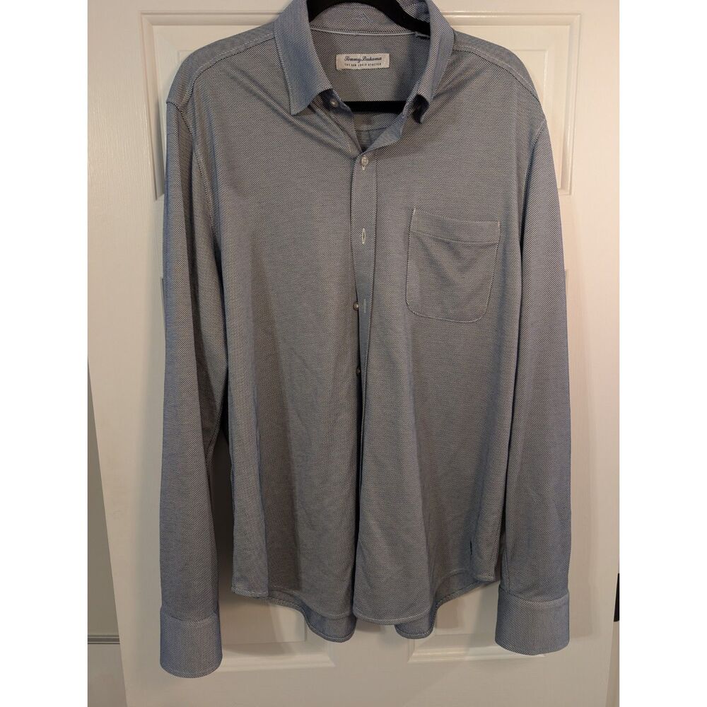 Tommy Bahama San Lucio Stretch Shirt Men's L Navy White Micro Check Long Sleeve